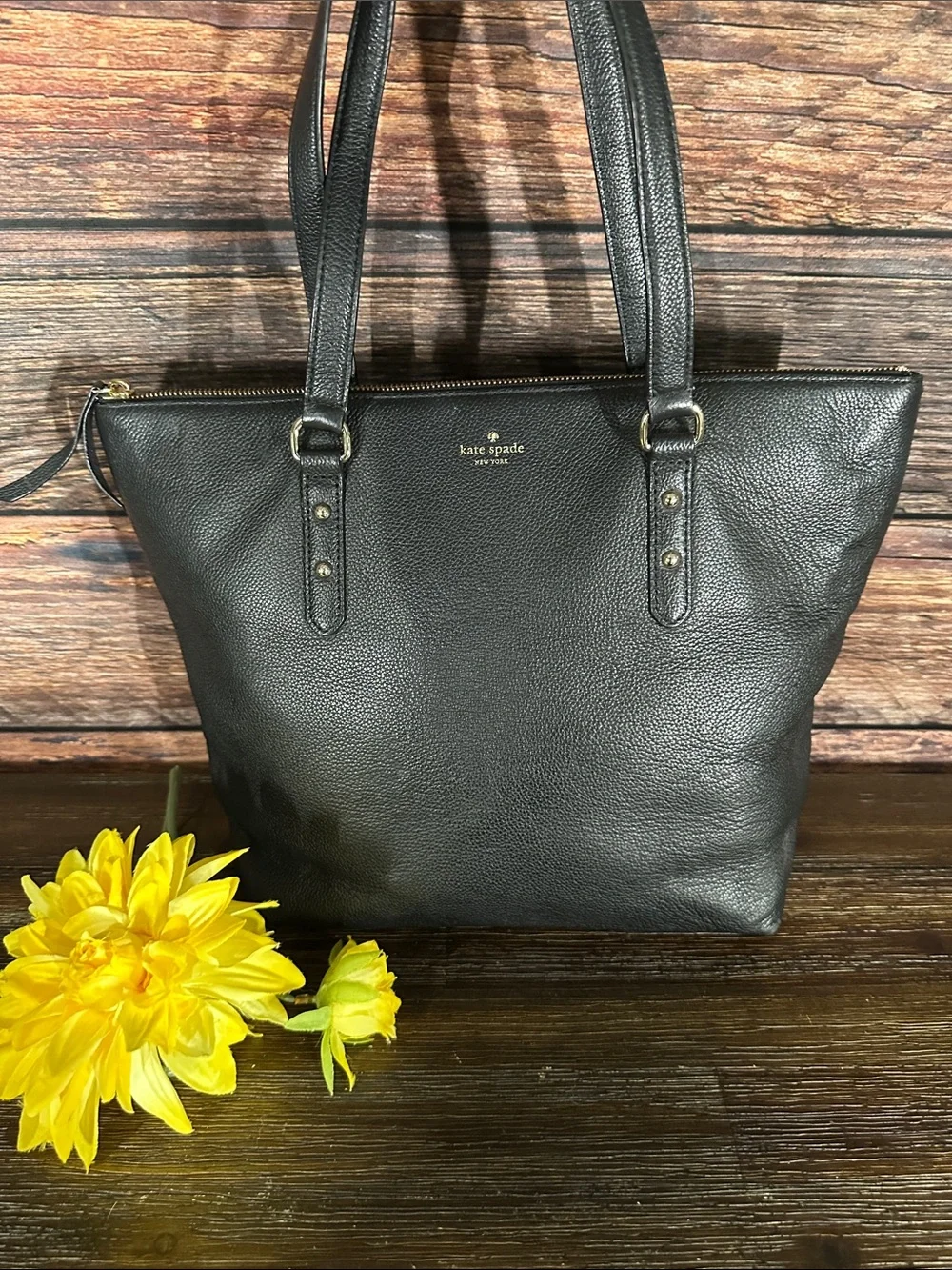 kate spade black leather tote with gold hardware